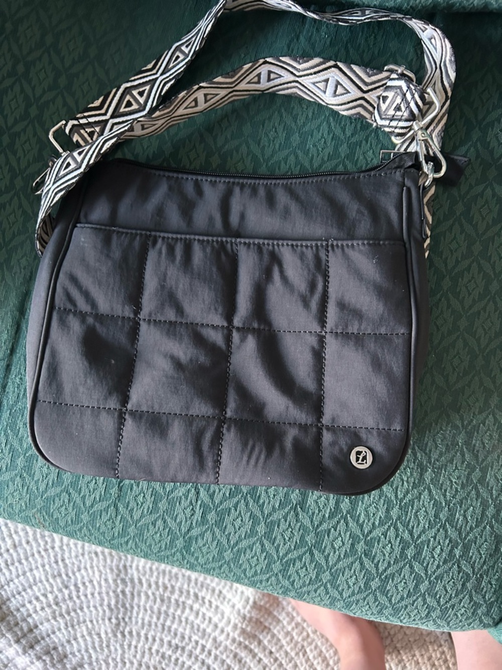 Black Quilted Crossbody Bag with Geo Strap